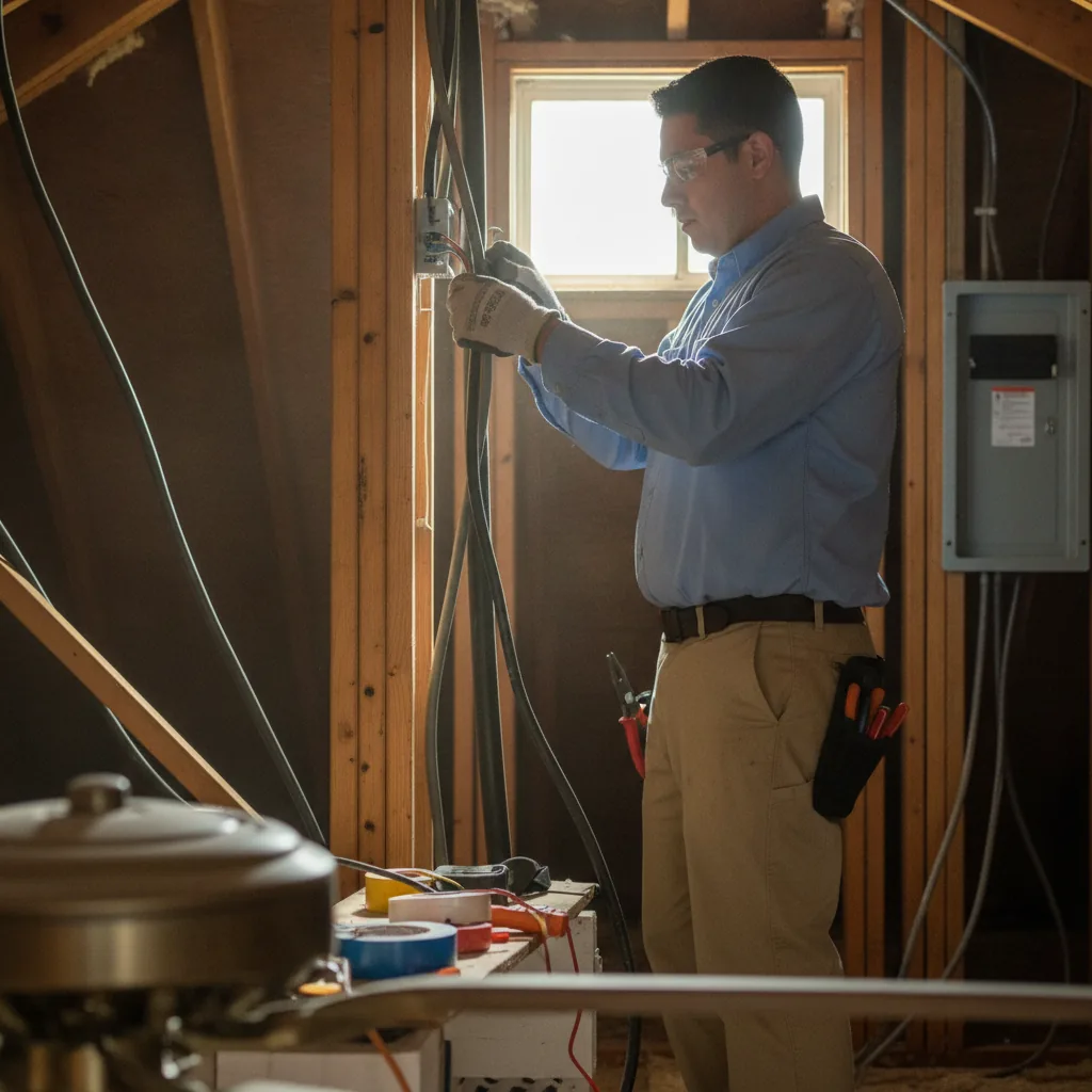Electrician in blue shirt and work gloves installing wiring in wooden framed interior space.