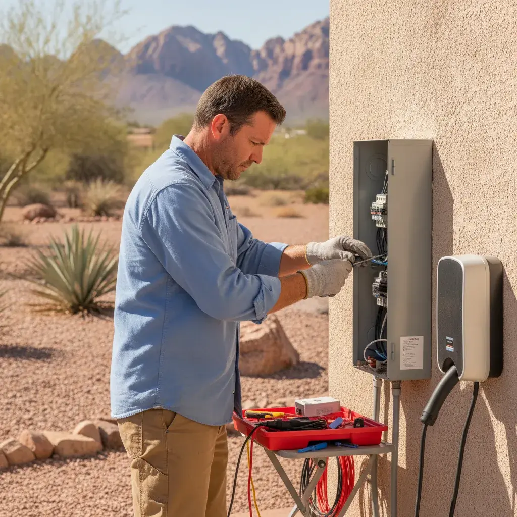 Electrician in blue shirt working on electrical panel mounted on stucco wall in desert setting.