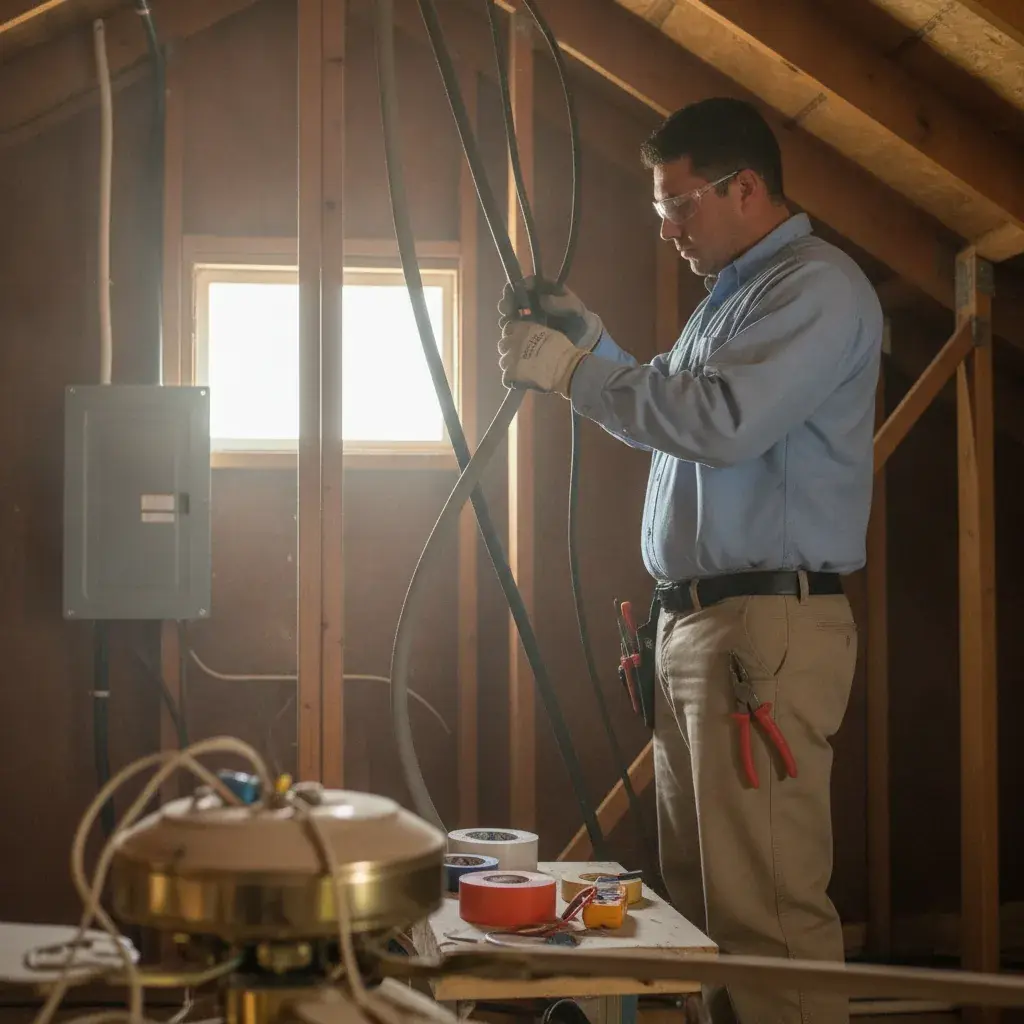 Electrician in safety glasses installing electrical wiring in an attic space with wooden beams.