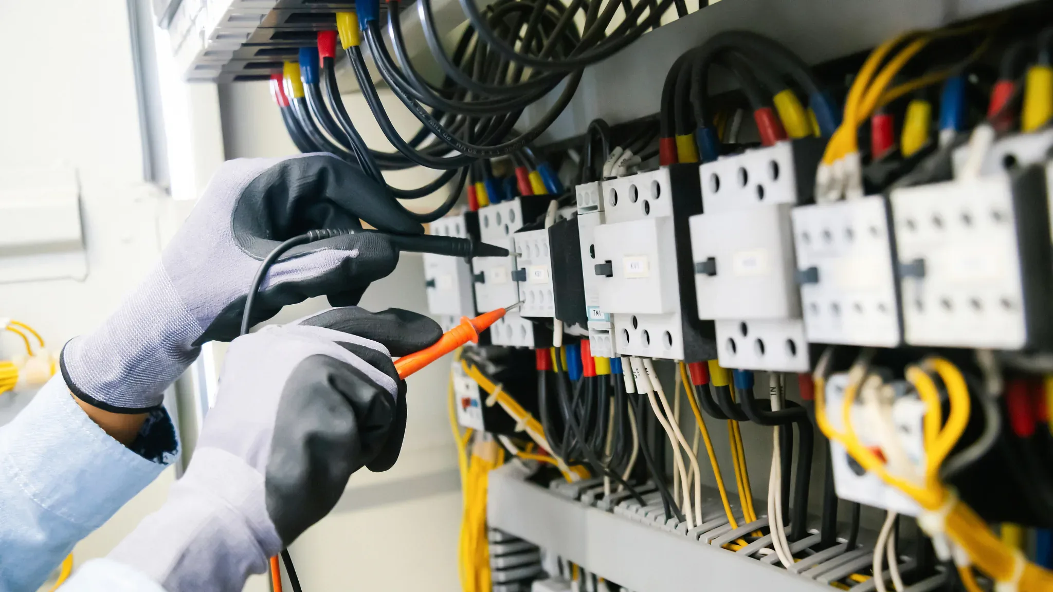 Professional electrician in safety gloves using a voltage tester on a commercial electrical panel with organized wiring and c